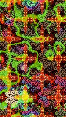 Suluboya çiçekli çiçek deseni. Raster illüstrasyonu. Yeşil ve siyah renkli Asyalı tekstil.