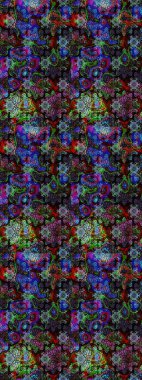 Siyah ve mavi renkte çiçekler. El çizimi çiçekli soyut çizim kalıbı. Raster illüstrasyonu.