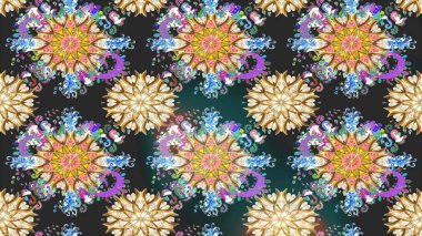 Düz Çiçek Elementleri Tasarımı. Raster illüstrasyonu. Kusursuz desenli, modaya uygun kumaş deseni. Şirin çiçek elementleri. Renkli Bahar Teması Kusursuz Arkaplan.