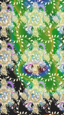 Yeşil renkli bitkilerden oluşan parlak çiçekli çizim deseni.