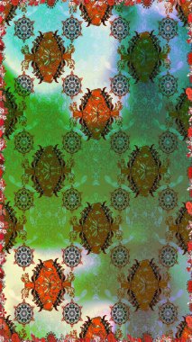 Çiçeklerle suluboya desenli çiçek deseni. Raster illüstrasyonu. Yeşil ve kahverengi renkli güzel tekstil.