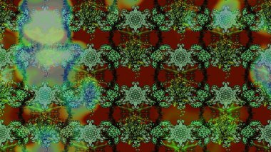 Raster illüstrasyonu. Yeşil ve kahverengi renkli Asya tekstili. Suluboya çiçekli çiçek deseni.