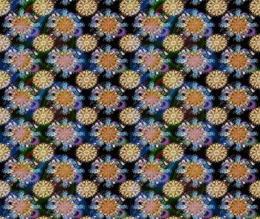 Raster illüstrasyonu. Çiçeklerle suluboya desenli çiçek deseni. Mavi ve bej renkli Asyalı tekstil.