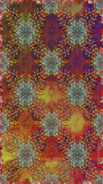 Çiçekler. Soyut etnik raster kusursuz desen. Vadinin çiçekleri kahverengi ve kırmızı renklerde.