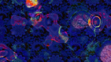 Suluboya elle çizilmiş çiçek desenli eskiz deseni. Parlak renkli fantezi çiçekleri, yapraklar, mavi ve siyah renkli tomurcuklar.