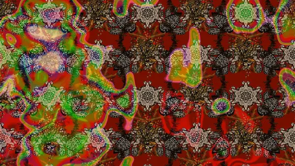 Asya tekstil tarzında. Çiçek desenli çizim. Raster illüstrasyonu. Raster illüstrasyonu. Kahverengi ve kırmızı renkte çiçekler.