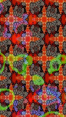 Süslü kumaş deseni. Renkli Bahar Teması eskiz kalıbı. Düz Çiçek Elementleri Tasarımı. Raster illüstrasyonunda çiçek deseni çizimi.