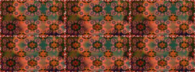 Raster illüstrasyonu. Çiçeklerle suluboya desenli çiçek deseni. Kahverengi ve yeşil renkli Asyalı tekstil.