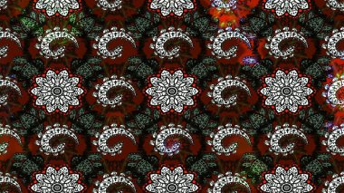 Raster - stok. Eskiz arkaplan modeli. Yapraklı çiçekler ve papatya çiçekli siyah ve kahverengi renkler.