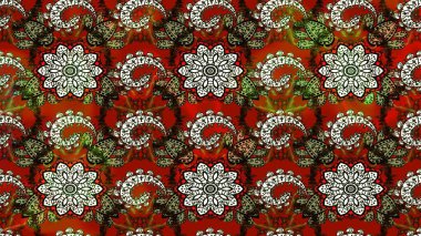 Kahverengi ve kırmızı renkte çiçekler. Çiçek desenli çizim. Raster illüstrasyonu. Asya tekstil tarzında. Raster illüstrasyonu.