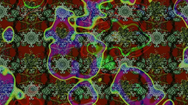 Raster illüstrasyonu. Yeşil ve kırmızı renkte çiçekler. Tropikal çizim çiçek deseni.