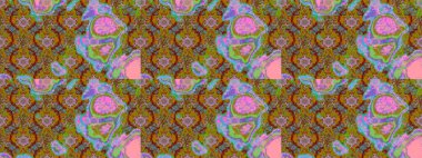 Kahverengi ve yeşil renklerde etnik çiçeklerle süslenmiş zarif bir eskiz şekli. Raster Çiçek İllüstrasyon Şirin Tekstil.