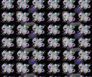 Siyah ve nötr renklerde. Çiçek buketleriyle klasik tarzda kusursuz desenler. Raster illüstrasyonu.