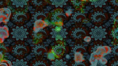 Mavi ve siyah, mavi ve siyaha. El çizimi çiçek unsurları olan soyut çizim raster deseni. 1950-1960 motifleri. Retro tekstil tasarım koleksiyonu. Çiçekli ipek eşarp..