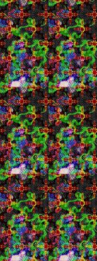 Suluboya elle çizilmiş çiçek desenli eskiz deseni. Parlak renkli fantezi çiçekleri, yapraklar, yeşil ve siyah renkli tomurcuklar yeşil ve siyah.