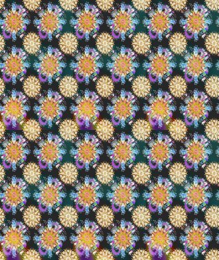 Raster Floral Illustration, Asyalı tekstil. Mavi ve gri renkte etnik çiçeklerle kusursuz bir desen..