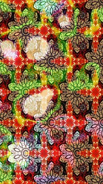 Raster illüstrasyonu. Çiçek desenli çizim. Kırmızı ve bej renkli Asya tekstili.