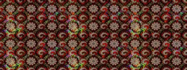 Parlak renkli çiçekleri ve siyah ve kahverengi renkte yaprakları olan harika bir çiçek deseni. Moda baskıları için zarif bir şablon. Modern çiçek arkaplanı. Halk stili.