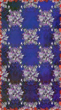 Raster illüstrasyonu. Kusursuz desen. Hint süsü. Renkli süs kenarı. Menekşe ve gri renklerde. Çiçek duvar kağıdı.