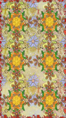 Raster Çiçek İllüstrasyonu güzel tekstil. Tarafsız ve bej renklerde etnik çiçeklerle kusursuz bir desen..