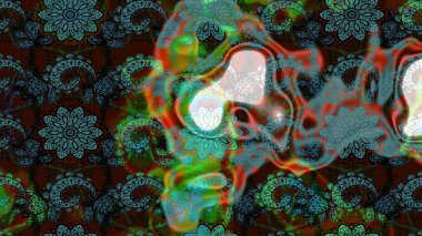 Raster Çiçek İllüstrasyonu güzel tekstil. Mavili ve kahverengili etnik çiçeklerle zarif bir eskiz deseni..