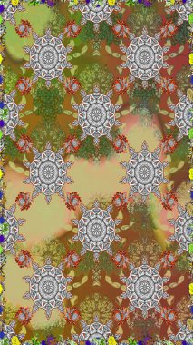 Klasik çiçekler. El çizimi, soyut ve süslü elementler. Kahverengi ve gri renkler. Suluboya resim taklit Raster çizimi. Yaz çiçekleri teması.