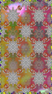 Raster illustration. In asian textile style on gray and brown colors. Floral seamless pattern with watercolor flowers.