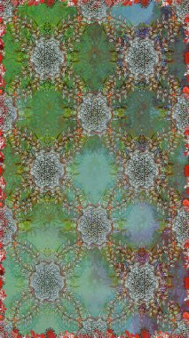 Çiçekler. Soyut etnik raster kusursuz desen. Vadinin çiçekleri yeşil ve kahverengi renklerde.