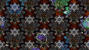 Kabile sanatı boho baskısı, klasik çiçek arkaplanı. Arkaplan dokusu, duvar kağıdı, siyah ve gri renkli çiçek teması. Soyut etnik raster çizim kalıbı.