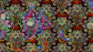 Çok renkli ve kahverengi zarif küçük çiçekler ve gri ve kahverengi renkli komik böcekler, raster deseni, illüstrasyon.