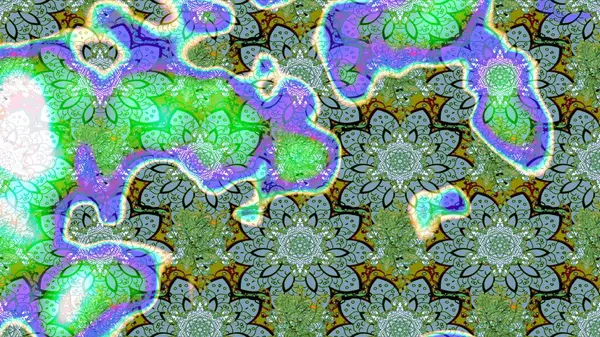 Asya tekstil tarzında. Raster illüstrasyonu. Raster illüstrasyonu. Yeşil ve mavi renkte çiçekler. Çiçek desenini çiz.