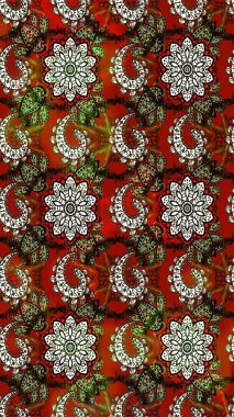 Çiçek desenli çizim. Raster illüstrasyonu. Kahverengi ve kırmızı renkte çiçekler. Raster illüstrasyonu. Asya tekstil tarzında.