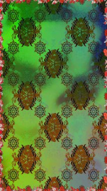 Tekstil tasarımı için yeşil ve kahverengi renkli geleneksel halk çiçekleri. Çiçeksiz desenli nakış işlemeli gelincikler ve vadi zambaklarıyla.