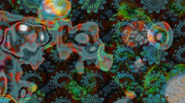 Halk tarzı. Moda baskıları için zarif bir şablon. Modern çiçek arkaplanı. Parlak renkli çiçekleri olan ve mavi ve yeşil renkli yaprakları olan inanılmaz bir çiçek deseni..