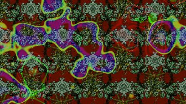 Raster çiçek desenleri çiziyor. Vadinin çiçekleri yeşil ve kırmızı renklerde.