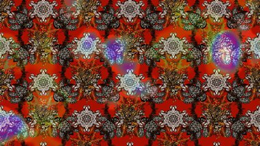 Raster Çiçek İllüstrasyonu güzel tekstil. Kahverengi ve kırmızı renkte etnik çiçeklerle süslenmiş zarif bir eskiz..