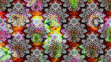 Süslü kumaş deseni. Renkli Bahar Teması eskiz kalıbı. Raster illüstrasyonundaki çiçek desenli çizim. Düz Çiçek Elementleri Tasarımı.