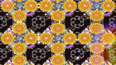 Sarı ve gri renkli şirin çiçek desenleri. Raster Modaya uygun kumaş deseni. Düz Çiçek Elementleri Tasarımı. Renkli Bahar Teması Kusursuz Arkaplan.
