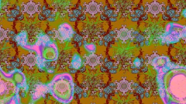 Tekstil için suluboya eskiz deseni. Şirin çiçekli, desenli, kahverengi ve yeşil renkli renkli bir eskiz deseni. El çizimi çiçek çizimi deseni (fayans)).