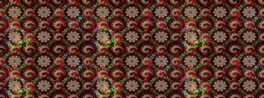 Parlak renkli çiçekleri ve siyah ve kahverengi renkte yaprakları olan harika bir çiçek deseni. Moda baskıları için zarif bir şablon. Modern çiçek arkaplanı. Halk stili.