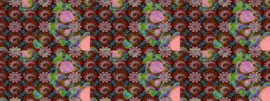 Çiçeksel kahverengi ve yeşil çizim deseni. Raster çiçek izi. Klasik taslak çizimi. Raster Yumuşak kumaş deseni.