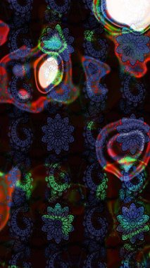 Modern çiçek arkaplanı. Parlak renkli çiçekleri ve siyah ve gri renkli yaprakları olan harika bir çiçek deseni. Moda baskıları için zarif bir şablon. Halk stili.