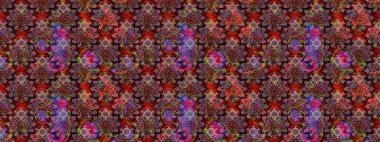 Suluboya elle çizilmiş çiçek desenli eskiz deseni. Parlak renkli fantezi çiçekleri, yapraklar, kahverengi ve siyah renkli tomurcuklar kahverengi ve siyah.