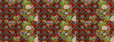 Soyut etnik raster çizim kalıbı. Kabile sanatı boho baskısı, klasik çiçek arkaplanı. Arkaplan dokusu, duvar kağıdı, kahverengi ve kırmızı renkli çiçek teması.