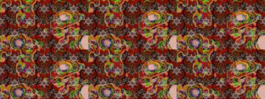 Raster illüstrasyonundaki çiçek desenli çizim. Kahverengi ve kırmızı renkte çiçekler. Renkli Yaz Temalı eskiz kalıbı. Düz Çiçek Elementleri Tasarımı.