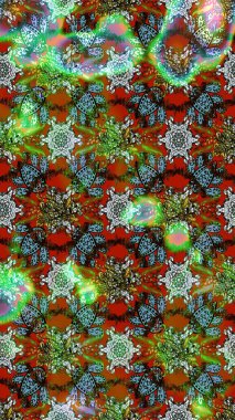 Kahverengi ve yeşil renklerde parlak çiçekli halı deseni.