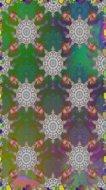 Şatafatlı bahar bahçesi dokusu. Yeşil ve gri renkli çiçekler. Raster illüstrasyonu. Çiçek deseni. Çiçekler yeşil ve gri renklerde dikişsiz.