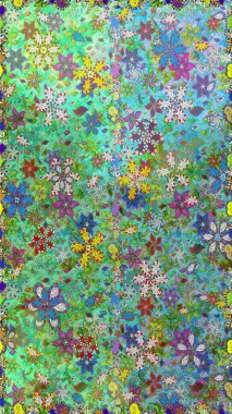 Küçük çiçekte güzel bir desen. Yeşil ve mavi çiçekli bahar çiçekleri. Küçük renkli çiçekler. Moda baskıları için zarif bir şablon. Motley illüstrasyonu.