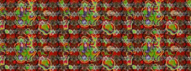 Renkli desenli eskiz deseni, kırmızı ve kahverengi çiçekler ve dekoratif elementler. Eskiz geçmişi. Raster illüstrasyonu. Kumaş, tekstil, duvar kağıdı baskısı için. Antika retro tarzı.