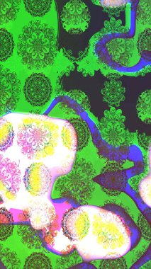 Kumaş, tekstil, duvar kağıdı baskısı için. Raster illüstrasyonu. Renkli desenli eskiz deseni, yeşil çiçekler ve dekoratif elementlerle. Eskiz geçmişi. Antika retro tarzı.